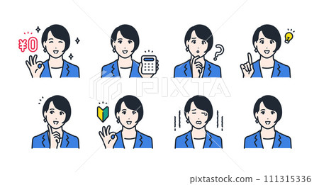 Facial expression icon set material of a young woman wearing a suit 111315336