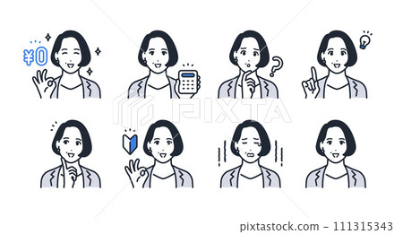 Simple facial expression icon illustration set material of female manager Simple facial expression icon illustration set material of female manager 111315343