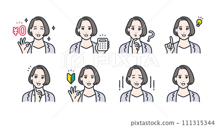 Simple facial expression icon illustration set material of a middle-aged woman wearing a suit 111315344