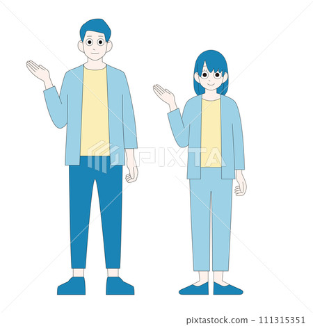 穿著休閒服工作的男女的全身插圖顏色,手掌朝上解釋 穿著休閒服工作的男女的全身插圖顏色,手掌朝上解釋 111315351