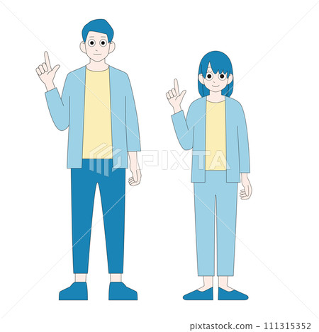 穿著休閒服工作的男人和女人指著解釋，全身插圖，顏色 111315352