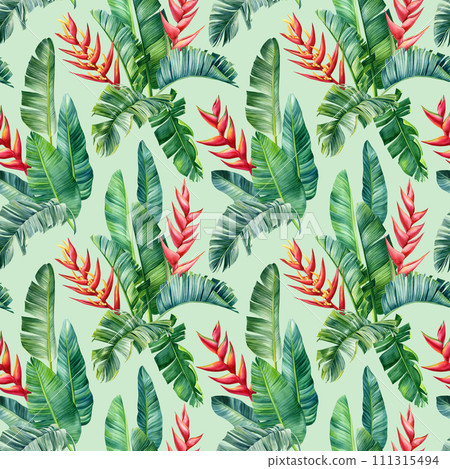 Tropical exotic green leaves palm, heliconia flowers, floral background. Seamless pattern, watercolor summer wallpaper Tropical exotic green leaves palm, heliconia flowers, floral background. Seamless pattern, watercolor summer wallpaper 111315494