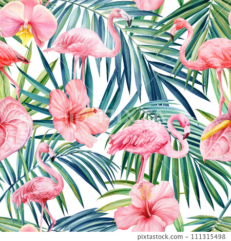 Tropical flower, Palm leaves and flamingo bird watercolor summer Seamless pattern. Exotic background hand drawn flora Tropical flower, Palm leaves and flamingo bird watercolor summer Seamless pattern. Exotic background hand drawn flora 111315498