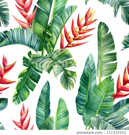 Tropical exotic green leaves palm, heliconia flowers, floral background. Seamless pattern, watercolor summer wallpaper 111315522