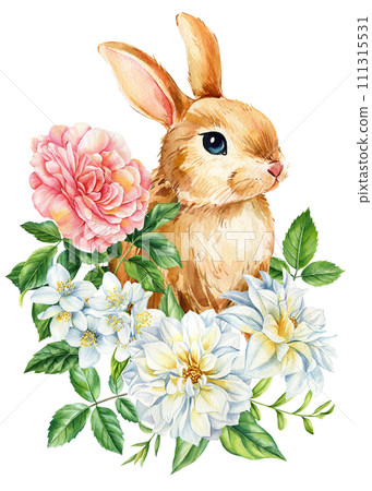 Bunny on isolated white background, bunny and Jasmin, rose flowers, leaves. Easter rabbit. Watercolor Cute animal Bunny on isolated white background, bunny and Jasmin, rose flowers, leaves. Easter rabbit. Watercolor Cute animal 111315531