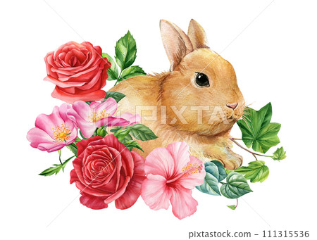 Bunny and bouquet flowers, rabbit isolated white background, watercolor botanical hand drawn illustration, springtime 111315536