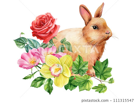 Bunny and bouquet flowers, rabbit isolated white background, watercolor botanical hand drawn illustration, springtime Bunny and bouquet flowers, rabbit isolated white background, watercolor botanical hand drawn illustration, springtime 111315547