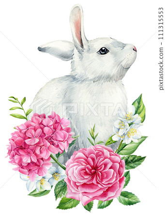 Bunny on isolated white background, bunny and Jasmin, rose flowers, leaves. Easter rabbit. Watercolor Cute animal Bunny on isolated white background, bunny and Jasmin, rose flowers, leaves. Easter rabbit. Watercolor Cute animal 111315553