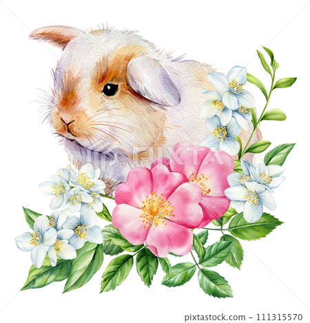 Little bunny and flowers on isolated white background, watercolor cute animal illustration, easter bunny. spring rabbit Little bunny and flowers on isolated white background, watercolor cute animal illustration, easter bunny. spring rabbit 111315570