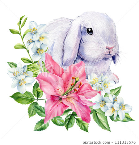 Rabbit and flower, baby bunny on isolated white background. Watercolor hand drawn illustration. Set of cute animals 111315576