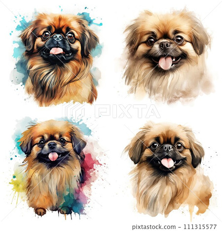 AI-generated content. Pekingese. Realistic watercolor dog illustration. Funny doggy drawing template. AI-generated content. Pekingese. Realistic watercolor dog illustration. Funny doggy drawing template. 111315577