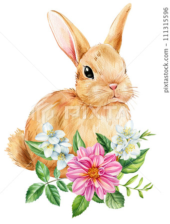 Bunny on isolated white background, bunny and Jasmin, rose flowers, leaves. Easter rabbit. Watercolor Cute animal 111315596