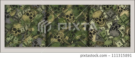 Green khaki grunge camouflage patterns with human skulls, 100 dollar bills, abstract brushstrokes, blots, halftone shapes. Dense composition. Good for apparel, clothing, fabric, textile, sport goods. Green khaki grunge camouflage patterns with human skulls, 100 dollar bills, abstract brushstrokes, blots, halftone shapes. Dense composition. Good for apparel, clothing, fabric, textile, sport goods. 111315891
