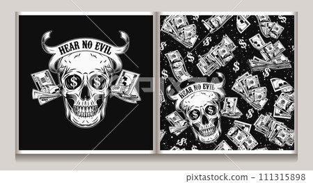 Seamless pattern, label with skull, money, pile of 100 dollar bills, dollar sign. Creative interpretation of Three wise monkeys concept. Text Hear no evil, mouth full of cash. Corruption concept 111315898