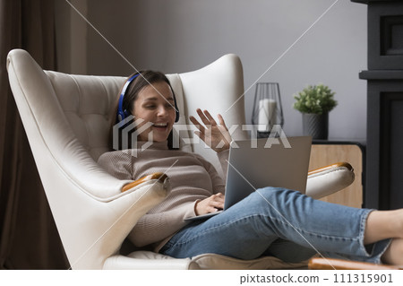 Woman use laptop make video call seated on cozy armchair 111315901