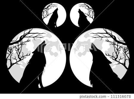 howling wolf and full moon with tree branches black and white vector silhouette set 111316078