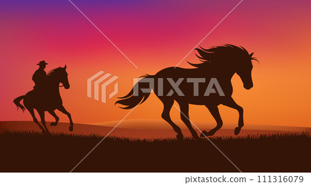 cowboy chasing mustang horse in sunset prairie vector silhouette landscape 111316079