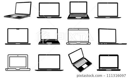Laptop icons set. Laptop computers in different styles. Notebook flat and line icons collection. Laptop icons set. Laptop computers in different styles. Notebook flat and line icons collection. 111316097