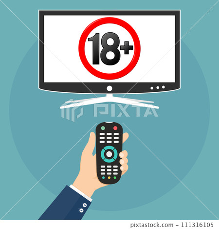 Parental control. 18 plus media, warning sign on tv screen. Parental control. 18 plus media, warning sign on tv screen. 111316105