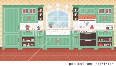 Kitchen interior vector illustration. Decorate your dining room with cosy furniture for delightful family experience A well-equipped kitchen interior concept turns cooking into pleasurable ritual Kitchen interior vector illustration. Decorate your dining room with cosy furniture for delightful family experience A well-equipped kitchen interior concept turns cooking into pleasurable ritual 111316157
