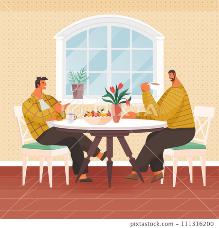 Kitchen interior vector illustration. A cosy kitchen interior concept fosters warm atmosphere for family gatherings The dining room, extension kitchen, completes homely ambiance Cuisine becomes art Kitchen interior vector illustration. A cosy kitchen interior concept fosters warm atmosphere for family gatherings The dining room, extension kitchen, completes homely ambiance Cuisine becomes art 111316200