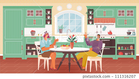 Kitchen interior vector illustration. Comfy and stylish furniture in kitchen and dining room fosters family unity Decoration and cookware in kitchen create warm and welcoming ambiance A well-designed 111316207