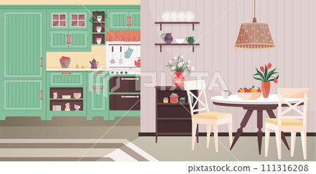 Kitchen interior vector illustration. Cuisine becomes art form in comfy kitchen adorned with stylish decor Cooking and dining blend seamlessly in well-decorated kitchen and dining room Comfy 111316208