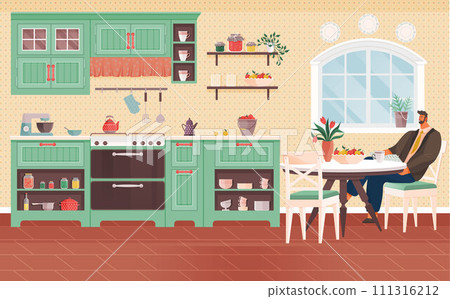 Kitchen interior vector illustration. Create homely dining room with comfy furniture for memorable family meals The kitchen interior concept extends beyond cooking, defining cosy living space Kitchen interior vector illustration. Create homely dining room with comfy furniture for memorable family meals The kitchen interior concept extends beyond cooking, defining cosy living space 111316212