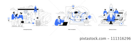 Entrepreneurship tech innovation startup culture. Business incubator. Startup accelerator. Project launch, successful idea. Linear vector. Venture investment fund. Startup company development set Entrepreneurship tech innovation startup culture. Business incubator. Startup accelerator. Project launch, successful idea. Linear vector. Venture investment fund. Startup company development set 111316296