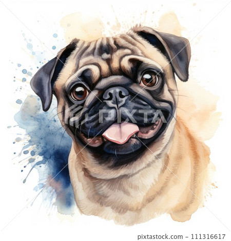AI-generated content. Pug. Realistic watercolor dog illustration. Funny doggy drawing template. Art for card, poster and other. Illustration of dog on white background 111316617