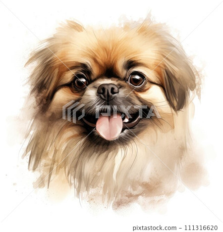AI-generated content. Pekingese. Realistic watercolor dog illustration. Funny doggy drawing template. Art for card, poster and other. Illustration of dog on white background 111316620