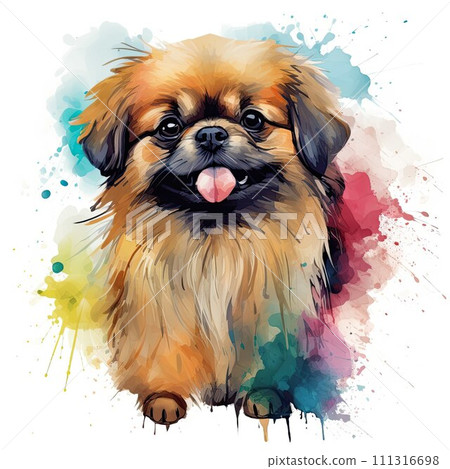 AI-generated content. Pekingese. Realistic watercolor dog illustration. Funny doggy drawing template. Art for card, poster and other. Illustration of dog on white background 111316698