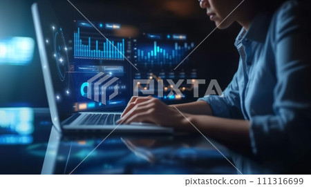 AI-generated content. Businesswoman working on laptop with analytics, statistics, graphs. KPI. SEO optimization. Working and developing promotional strategy for company growth AI-generated content. Businesswoman working on laptop with analytics, statistics, graphs. KPI. SEO optimization. Working and developing promotional strategy for company growth 111316699