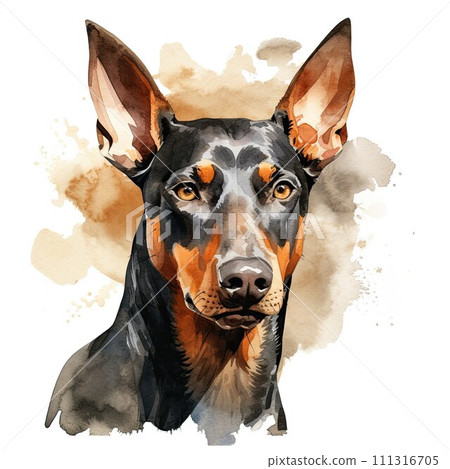 AI-generated content. Doberman. Realistic watercolor dog illustration. Funny doggy drawing template. Art for card, poster and other. Illustration of dog on white background 111316705
