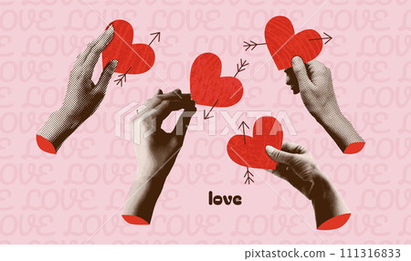 14 February collage set. Paper halftone hands holding hearts with grunge texture and linear arrows. Mixed media design with cut out paper female palms for Valentine's day events. Vector illustration 111316833
