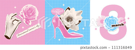 Halftone Collage square banners set for Social media covers in 2024. International Women's day postcard with paper cut stickers. Trendy pop art y2k greeting. 8 march. Vector illustration. 111316849
