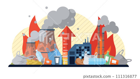 Global warming vector illustration. Greenhouse gas, puppeteer climate change, pulls strings in theatrical performance global warming Global warming metaphor is mural, each stroke telling tale 111316877