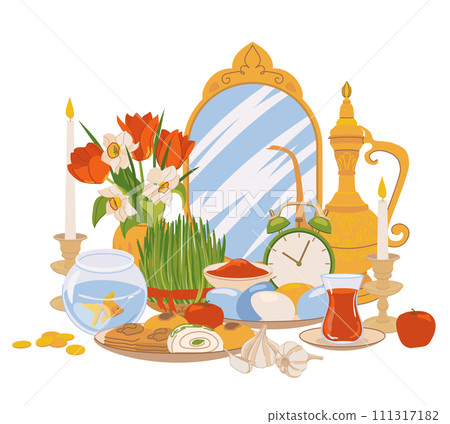 Products for the International Day of Navruz. Iranian New Year is a sacred day and religious holiday of Zoroastrians and Baha'is. Mirror, green grass, sweets, candles, vinegar, flowers. Flat vector. 111317182