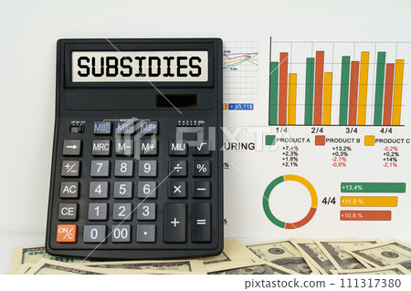 On the table are financial reports, dollars and a calculator with the inscription - Subsidies 111317380