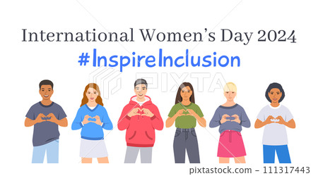 Inspire inclusion campaign pose. International Women's Day 2024 theme. Smiling diverse women and men make heart symbol with hands to stop discrimination and stereotypes. Gender equal inclusive world Inspire inclusion campaign pose. International Women's Day 2024 theme. Smiling diverse women and men make heart symbol with hands to stop discrimination and stereotypes. Gender equal inclusive world 111317443