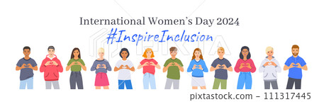 Inspire inclusion campaign pose. International Women's Day 2024 theme. Smiling diverse women and men make heart symbol with hands to stop discrimination and stereotypes. Gender equal inclusive world 111317445