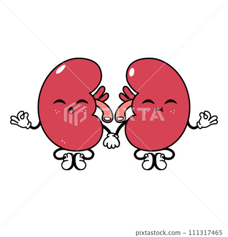 Kidneys doing yoga character. Vector hand drawn traditional cartoon vintage, retro, kawaii character illustration icon. Isolated on white background. Kidneys relax character 111317465