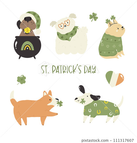 Set of cartoon, flat dogs, puppy in traditional costumes of Saint Patricks Day 111317607