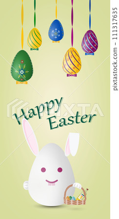 Happy Easter card with Easter bunny, painted eggs and English text. 111317635