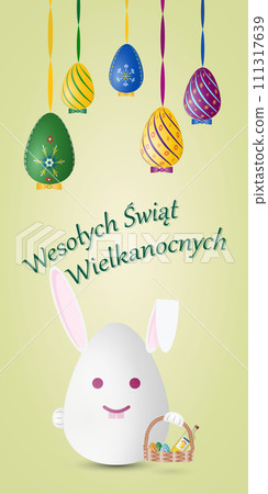 Happy Easter card in Polish language with Easter bunny and eggs. 111317639