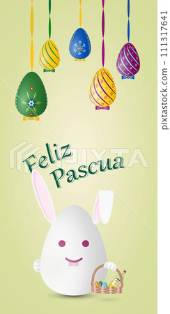 Happy Easter card in Spanish language with Easter bunny and eggs. 111317641