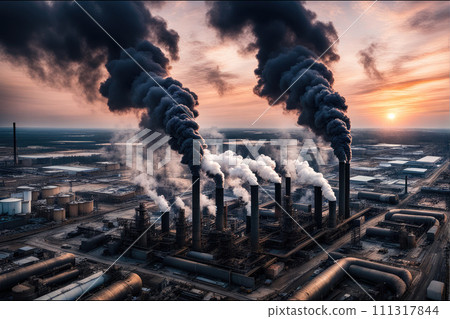 AI-generated content. Air pollution. Chimneys of plant or factory emit clouds of black smoke into 111317844