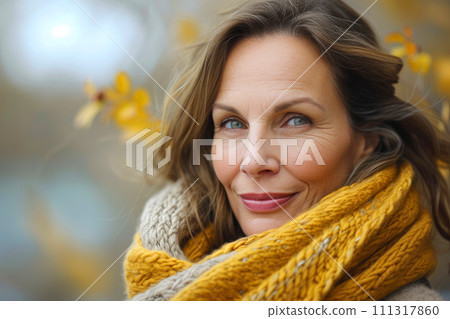AI-generated content. Beautiful middle-aged woman in yellow knitted scarf in autumn park. Close-up 111317860