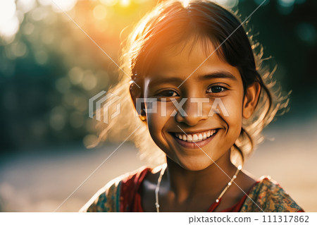 AI-generated content. Portrait of Indian girl 8-10 years old in cinematic light at sunset. Happy 111317862