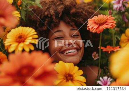 AI-generated content. Happy African American girl laughing surrounded by flowers. Summer emotional 111317884